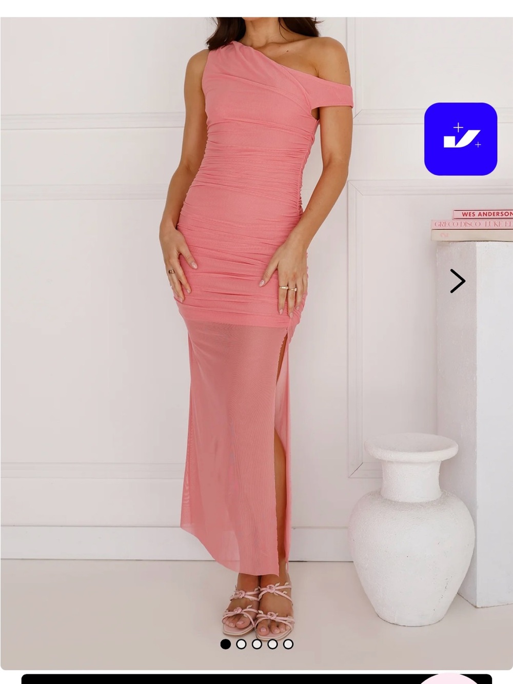 Hello Molly Coral One-Shoulder Ruched Summer Sheer Dress